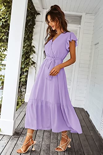 PRETTYGARDEN Women's Summer Floral Boho Dress Wrap V Neck Short Sleeve Ruffle A-Line Flowy Maxi Wedding Guest Dresses (Solid Purple,X-Large) - Image 7