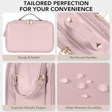Travel Makeup Bag Women's Large Capacity Cosmetic Portable Organizer Large Opening Waterproof Storage Toiletry Bags Vertical Free-Standing Brush Holder for Easy Access Pink - Image 6