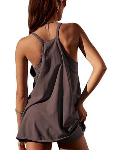 GTLIAE Summer Dress for Women 2025 Hot Shot Mini Romper Dresses Athletic Spaghetti Strap Tennis Dress Built in Shorts(DarkCoffee-S) - Image 2