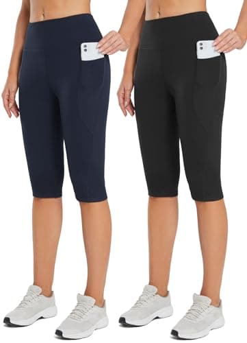 baleaf Women's Capri Leggings Knee Length High Waisted Plus Size Yoga Casual Workout Exercise Capris with Pockets 2-Pack Black/Navy Blue 2XL - Image 1
