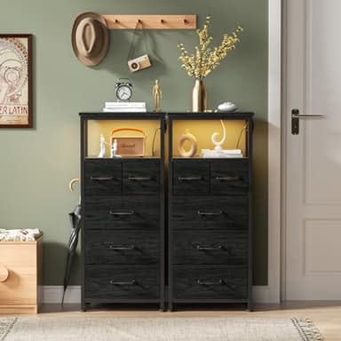 Furnulem Dresser for Bedroom, Tall Nightstand, Vertical Chest with Wood Top, Charging Station, LED Lights, 5 Fabric Bins, Bedside Table with Shelf, Furniture for Entryway (5 Drawer, Black Oak) - Image 7