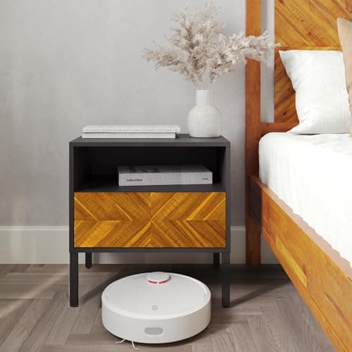 Bme Vivian Solid Wood Nightstand, End Table, Bedside Table with Herringbone Pattern for Rustic Bedroom, Easy Assembly, Rustic Golden Brown and Black - Image 1
