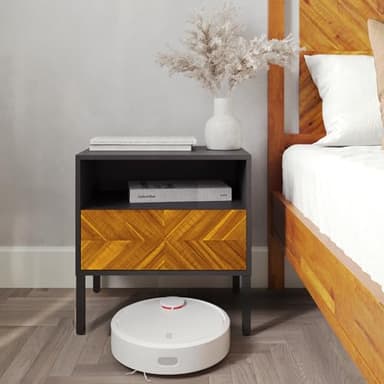 Bme Vivian Solid Wood Nightstand, End Table, Bedside Table with Herringbone Pattern for Rustic Bedroom, Easy Assembly, Rustic Golden Brown and Black - Image 1