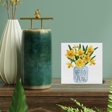Spring Decor - Hello Spring Decorations - Floral Wooden Decorative Sign - Rustic Home Decor for Desk Table Shelf 5 x 5 Inches - Image 5