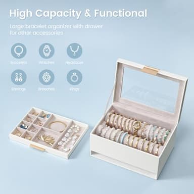 Lolalet Bracelet Holder Organizer with Clear Lid and Drawer, Bangle Storage Box Jewelry Display Holder for Watches, Jewellery Case for Women -White - Image 3