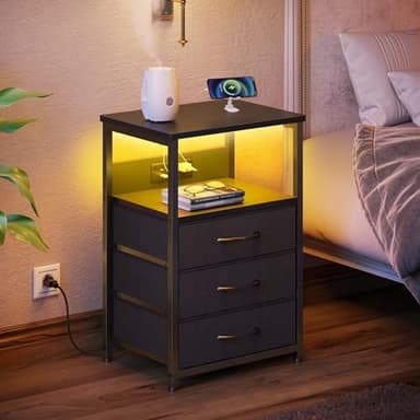 Seventable Nightstand with Charging Station and LED Light, Side Table with 3 Fabric Drawers, Bedside End Table with USB Ports and Outlets, Night Stand for Bedroom, Black - Image 3