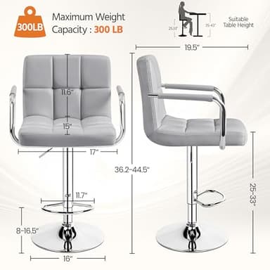 Yaheetech Bar Stools Set of 2, PU Leather Adjustable Swivel Barstools, Hydraulic Kitchen Counter Height Bar Chairs with Armrest and Back for Kitchen, Dining Room, Light Grey - Image 3