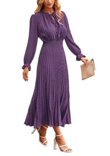 PRETTYGARDEN Women's 2025 Spring Fall Midi Dress Casual Long Sleeve V Neck Swiss Dot Pleated A Line Flowy Dresses (Dark Purple,Large) - Image 1