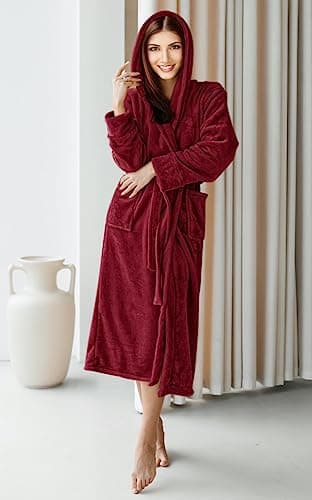 NY Threads Premium Women's Fleece Hooded Bathrobe Plush Long Spa Robe, Medium, Burgundy - Image 5