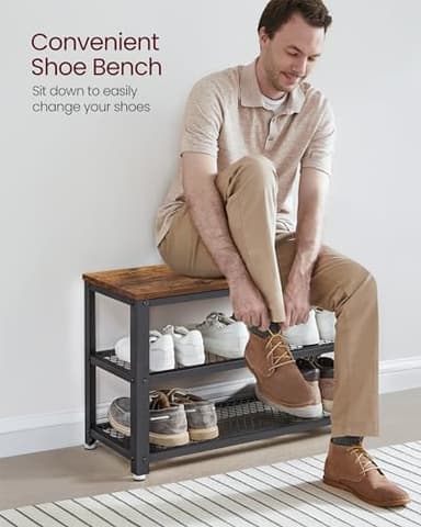 VASAGLE 3-Tier Shoe Rack, Shelf Storage Bench with Metal Mesh Shelves and Seat, Free Standing Shoe Organizer for Entryway, 11.8 x 28.7 x 17.7 Inches, Rustic Brown and Black ULBS73X - Image 4