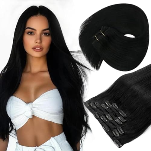 Sunny Hair Clip in Hair Extensions Straight Human Hair Clip in Extensions Remy Clip in Hair Extensions Real Human Hair Extensions Clip ins Jet Black for Women 22inch - Image 1