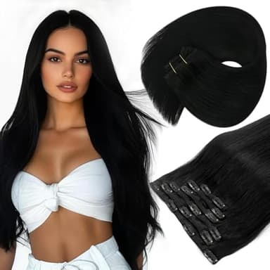 Sunny Hair Clip in Hair Extensions Straight Human Hair Clip in Extensions Remy Clip in Hair Extensions Real Human Hair Extensions Clip ins Jet Black for Women 22inch - Image 1
