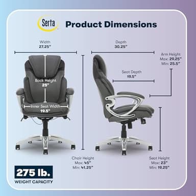 Serta Bryce Executive Office Chair, Ergonomic Computer DeskChairs with Patented AIR Lumbar Support, Comfy Body Pillows, Height Adjustable, Swivel Base with Wheels, Bonded Leather, Gray - Image 3