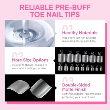 UNA GELLA Square Toe Nail Tips For Big Toe, 504Pcs 15Sizes Soft Gel Full Cover Toe Nail Tip Pre-buff Fake Acrylic Toe Nail Press Ons Soak Off Pedicure For Nail Extensions Home DIY Nail Salon - Image 4