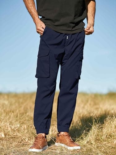 JMIERR Men's Casual Pants Comfy Slim Fit Elastic Waist Drawstring Stretch Tapered Athletic Work Hiking Workout Lightweight Cargo Joggers Sweatpants with Pockets Fall Clothing, S, Navy Blue - Image 3