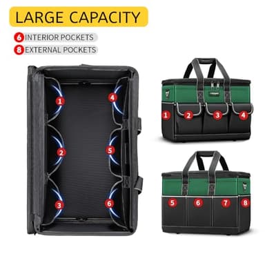 WINHUINT Large Tool Bag, 19-inch Wide Mouth Tool Organiser, 600 Denier with 6 Interior 8 Exterior Pockets Electricians Tool Bag for Home DIY & Equipment Storage, Green and Black (19 inch) - Image 5