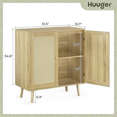 Huuger Buffet Cabinet with Storage, Storage Cabinet with PE Rattan Decor Doors, Accent Sideboard Buffet with Solid Wood Feet, for Hallway, Entry, Living Room, Natural - Image 3