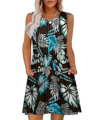 OFEEFAN Sundresses for Women 2025 Summer Swimsuit Coverup Hawaiian Loose Sleeveless Casual Sundresses Pockets Tropical Leaf S - Image 1