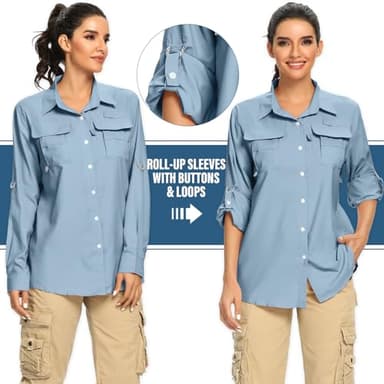 Women's UPF Long Sleeve Fishing Shirts Button Up Hiking Safari Shirts Sun Protection and Quick Dry,Light Blue,XXL - Image 4