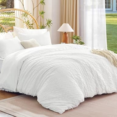FreshCulture White Duvet Cover Queen Size, 3-Piece Seersucker Duvet Cover Set, Ultra Soft Microfiber Bedding for All Seasons, Zipper Closure&Corner Ties(90"x90" + 2 PillowSham 20"x26") - Image 6