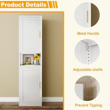 Ckzbx Tall Narrow Storage Cabinet 66.93" H Tall Bathroom Cabinets Metal Pantry Cabinet, 4 Adjustable Shelves for Kitchen, Home Office, Living Room, Dinning Room (16 inches Wide White) - Image 4