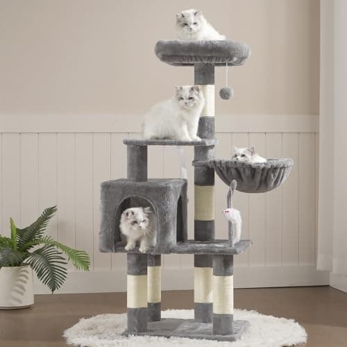 Heybly Cat Tree with Toy, Cat Tower Condo for Indoor Cats, Cat House with Padded Plush Perch, Cozy Hammock and Sisal Scratching Posts, Light Gray HCT004SW - Image 1