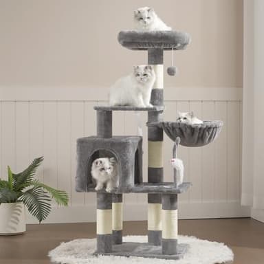 Heybly Cat Tree with Toy, Cat Tower Condo for Indoor Cats, Cat House with Padded Plush Perch, Cozy Hammock and Sisal Scratching Posts, Light Gray HCT004SW - Image 1
