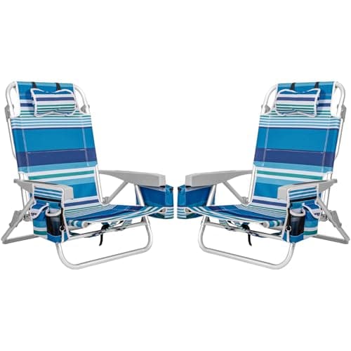 2Pk Aluminum 5-Position Lay Flat Folding Backpack Beach Chairs for Adults, with Cooler Bag, Cup&Phone Holder, Towel Bar for Outdoor Lawn Picnic Sport, Portable Foldable Camping Chairs, Blue Stripes - Image 1
