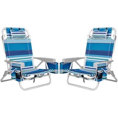 2Pk Aluminum 5-Position Lay Flat Folding Backpack Beach Chairs for Adults, with Cooler Bag, Cup&Phone Holder, Towel Bar for Outdoor Lawn Picnic Sport, Portable Foldable Camping Chairs, Blue Stripes - Image 1