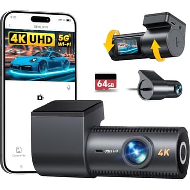 4K Dash Cam Front and Rear, 64GB SD Card, 1.5” IPS Display Car Camera, 5Ghz WiFi+App Control, Night Vision, 24H Parking Mode, G-Sensor, WDR, 170° Wide Angle, 4K+1080P Dual Dash Camera for Cars - Image 1