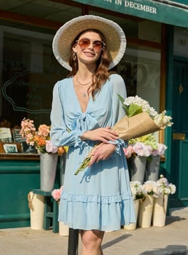 AlvaQ Women Dress 2025 Spring Fall Long Sleeve Mini Dress Summer Sexy V Neck Knot Front Sundress Sky Blue Medium - Image 2