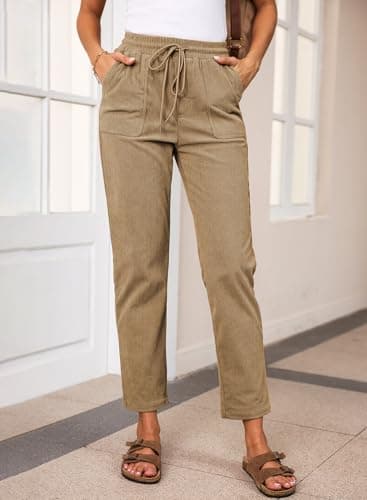 EVALESS Corduroy Pants for Women Petite Casual Drawstring Elastic High Waist Straight Leg Pants Fall Winter 2025 Loose Comfy Trousers with Pockets Khaki Small - Image 2