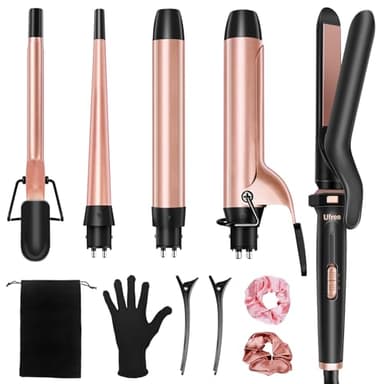 Ufree 5 in 1 Curling Iron with Interchangeable Ceramic Barrels (0.35"-1.25"), Curling Wand Set with Flat Iron Hair Straightener, Instant Heat Up, Dual Voltage Hair Curler, Gifts for Women - Image 1