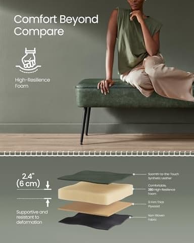 VASAGLE EKHO Collection - Bench for Entryway Bedroom, Synthetic Leather with Stitching, Ottoman Bench with Steel Legs, Living Dining Room, Mid-Century Modern, Loads 660 lb, Forest Green ULOM076C01 - Image 8