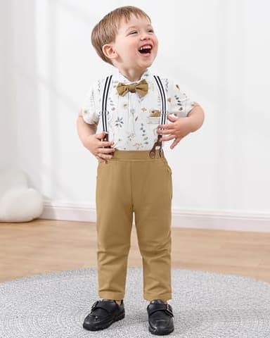 DISAUR Suit for Toddler Boys 4t 5t 4-5t White Flower Dress Shirt Brown Suspender Pants Easter Suits for Little Gentle - Image 6