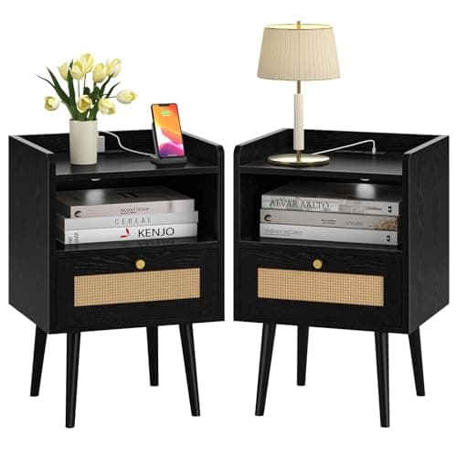 Night stand Set of 2, Bedside Tables with Charging Station, Rattan End Tables, Bed Side Tables, Wood Nightstands set of 2 for Farmhouse Kids' Room Bedroom Living Room Dorm Sofa Office Corner(Black) - Image 1