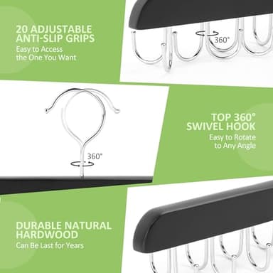 OMHOMETY 2 Pack Belt Hanger for Closet, Sturdy Wood Belt Organizer with 40 Hooks, Hanging Belt Rack Belt Storage Holder, Black - Image 4