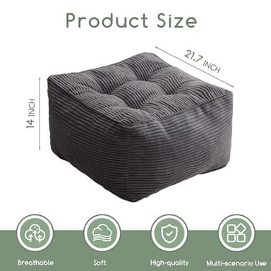 HIGOGOGO Square Stuffed Pouf Ottoman, Corduroy Poufs with Foam Chunk Filling, Furry and Fluffy Pouf Foot Stool Storage Ottoman, 21 X 21 Floor Poufs Foot Rest for Living Room, Dark Grey - Image 2