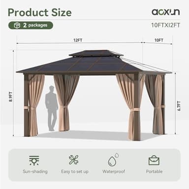 Aoxun 10'x12' Hardtop Gazebo, Aluminum Frame Permanent Pavilion with Curtains and Netting, Outdoor Polycarbonate Gazebo, Double Roof Canopy, for Gardens, Patios, Lawns - Image 2