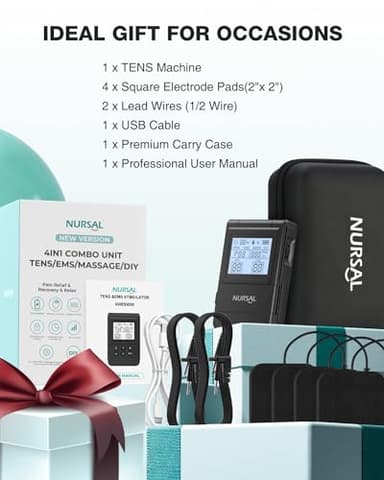 NURSAL Tens Unit Muscle Stimulator, 4 in 1 TENS EMS Machine with 25 Modes Include DIY, 40 Intensities Electric Massager for Shoulder, Back Pain Relief, TENS Pads, A Carry Case - Image 9