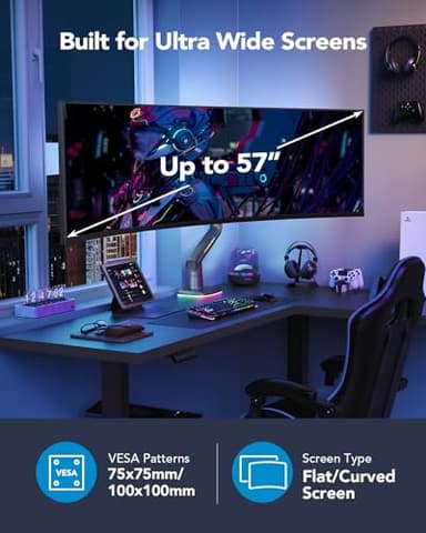 HUANUO RGB Monitor Arm for Ultrawide Screens up to 57″, Heavy-Duty Single Mount Holds 44 lbs, Fully Adjustable Gaming Monitor Arm with C-Clamp & Grommet Base, Max VESA 100 x 100mm - Image 3