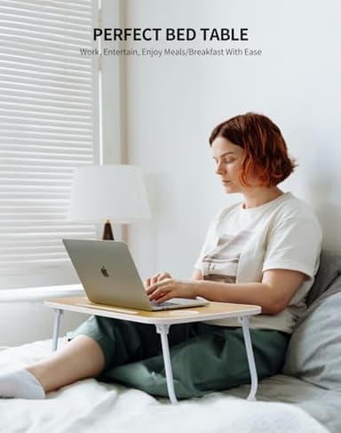 ZEAPTAC Laptop Bed Desk, Foldable Lap Table, Portable Study Table, Laptop Stand with Cup Holder & Tablet Slot & Lifting Handle for Working Writing Drawing & Eating - Wood - Image 2