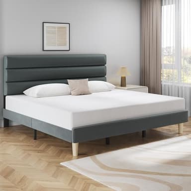 Fluest King Bed Frame, Platform Bed with Velvet Upholstered Headboard, No Box Spring Needed, Sturdy Metal Support, Noise Free, Easy Assembly, Mattress Foundation, Modern Bedroom Furniture, Grey - Image 8