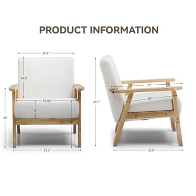 COMHOMA Mid Century Modern Accent Chair, Upholstered Living Room Chairs with Solid Wood Armrest, Comfy Reading Armchair for Bedroom, Sunroom, Balcony (Straight Armrests, White) - Image 3