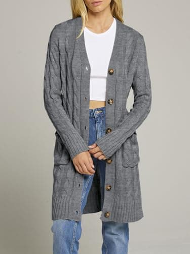 MEROKEETY Women's 2025 Long Sleeve Cardigan Sweater Fall Winter Cable Knit Open Front Button Long Outerwear, Charcoal, L - Image 8