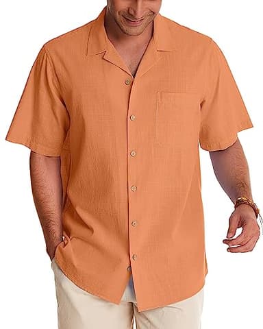 Alimens & Gentle Mens Linen Shirts Short Sleeve Button Down Shirts Cotton Summer Beach Cuban Shirts Vacation Hawaiian Shirts Persimmon Orange - Image 3