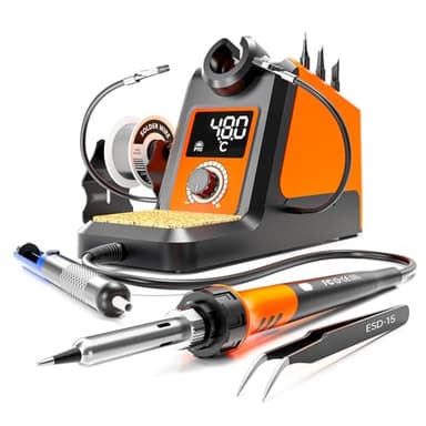 Digital Soldering Iron station Kit, 2 Auxiliary Clamps, 5 Soldering Iron Tips, Solder Wires, Solder Suckers, Stainless Steel Tweezers, and a Phillips Start, soldering station - Image 1