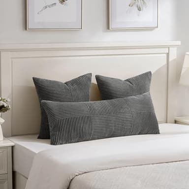 Fancy Homi 2 Packs Dark Gray Decorative Throw Pillow Covers 18x18 Inch for Living Room Couch Sofa, Rustic Farmhouse Boho Home Decor, Soft Corss Corduroy Patchwork Textured Square Cushion Case 45x45 cm - Image 5