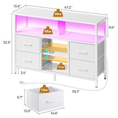 Rolanstar TV Stand with Power Outlets and LED Light, 4 Fabric Drawers Entertainment Center for 32/45/55 inch TVs, Media Console with Storage for Living Room or Bedroom, White - Image 3