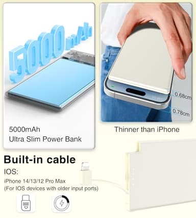 Thin Portable Charger for Phone with Built in Lightning Cable- 5000mAh Slim Travel Power Bank Compatible with iPhone 14/13/12/11/X/8/7/6/5 Series Thin Battery Pack (Not for iPhone 16 15 Series) - Image 4